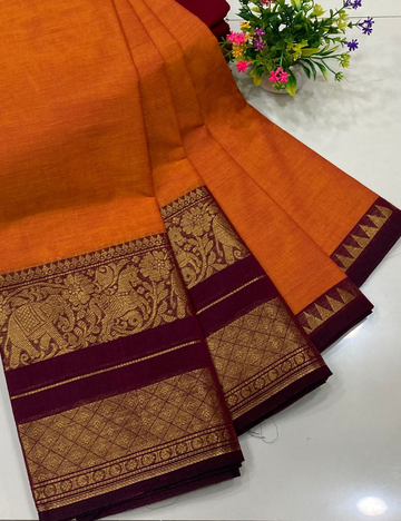 MANGO YELLOW WITH CHILLI RED RUDHRAKSHA & ANNAM BORDER KANCHI COTTON SAREES