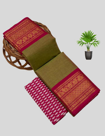 OLIVE GREEN WITH PINKY ZARI KANJIVARAM BORDER IN KANCHI COTTON SAREES