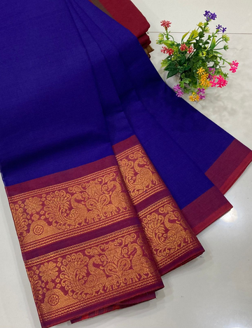 BLUE WITH CONTRAST MAROON BORDER KANCHI COTTON SAREES