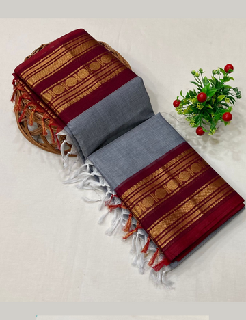 GRREY BROWN WITH DARK COFFEE MAROON JARI BORDER IN KANCHI COTTON SAREES