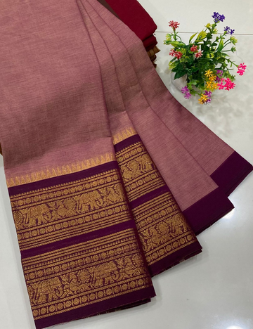 PASTEL PINK WITH GOLDEN ELEPHANT JARI BORDER IN KANCHI COTTON SAREES