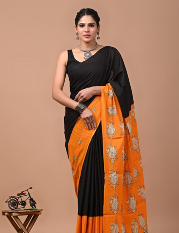 Premium MulMul Cotton Sarees- BLACK YELLOW