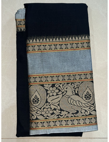 Premium Narayanpet Cotton Saree-Black Body with Ash border