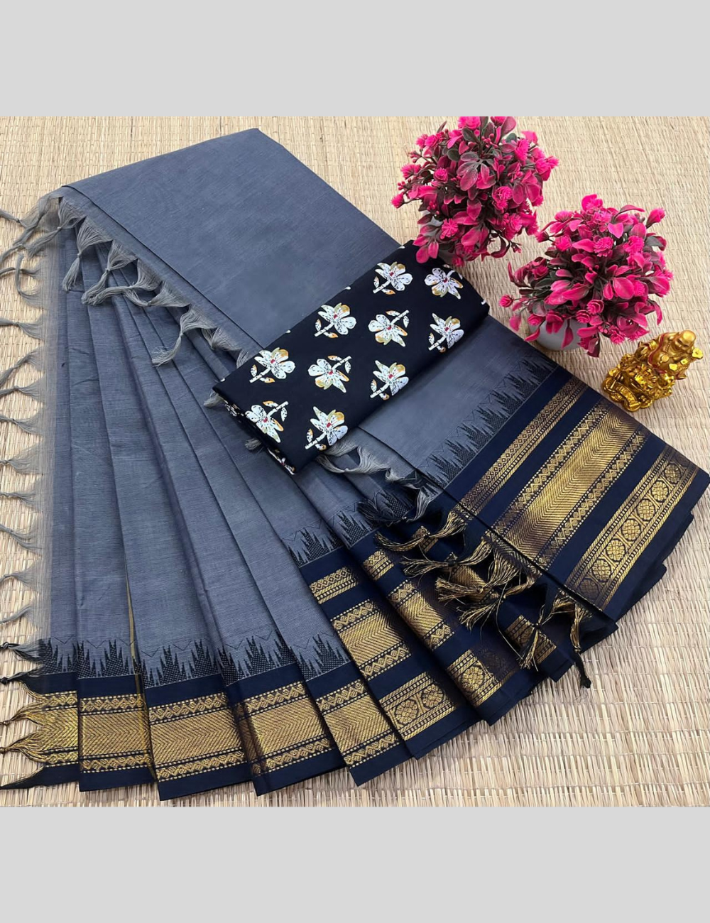 ASH WITH BLACK BORDER KANCHI COTTON SAREES
