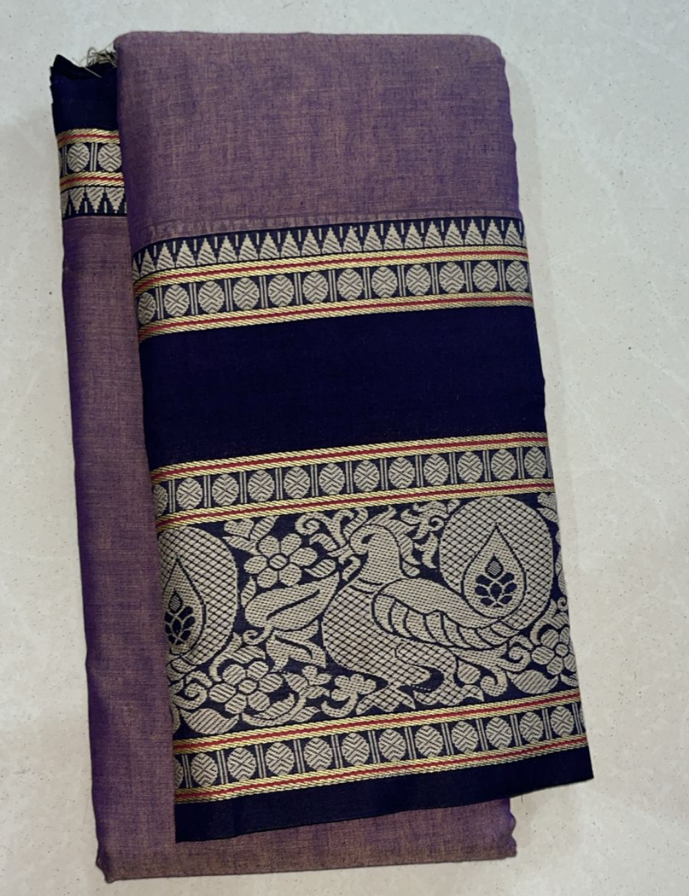Premium Narayan pet Cotton Saree-Onion pink Navy blue Border