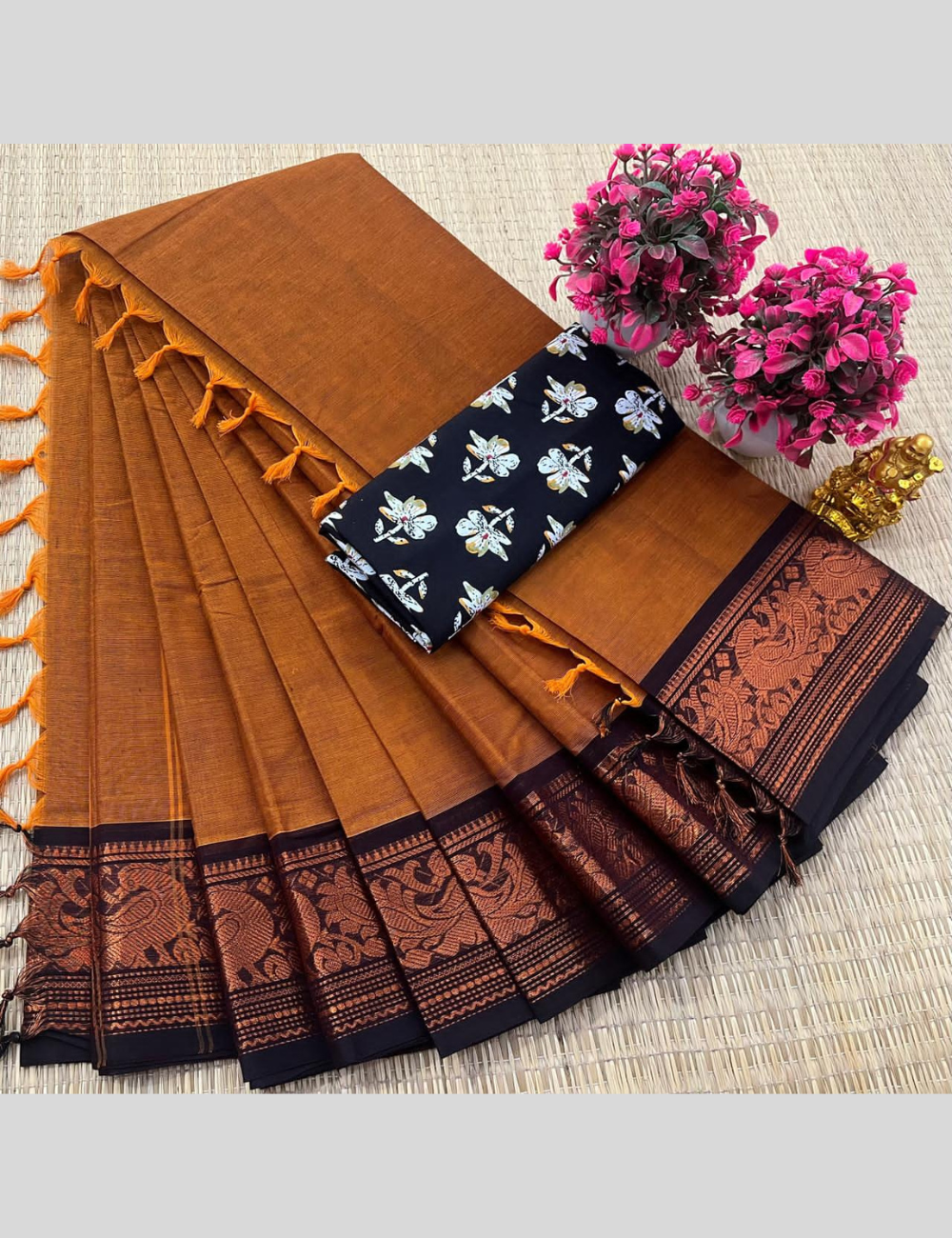 MUSTARD WITH ZARI BORDER DUAL TONE KANCHI COTTON SAREES