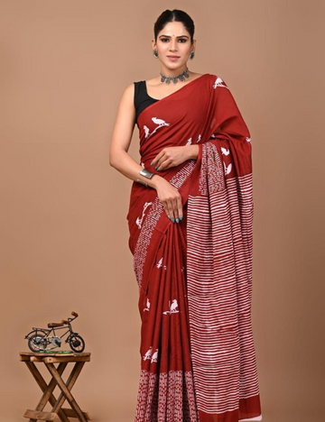 Premium MULMUL Cotton Sarees-RED