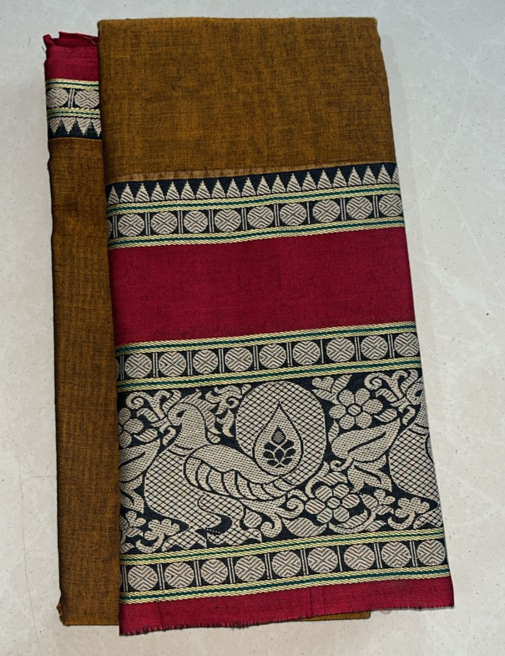 Premium Narayanet Cotton Saree-Darak Mustard colour with red border annam zari