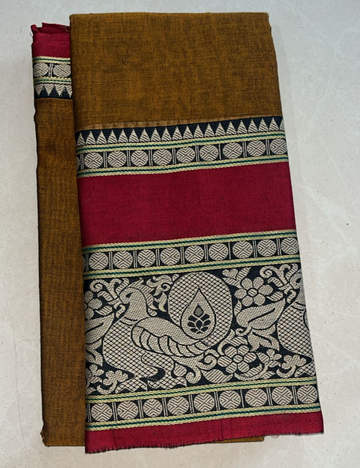 Premium Narayanet Cotton Saree-Darak Mustard colour with red border annam zari
